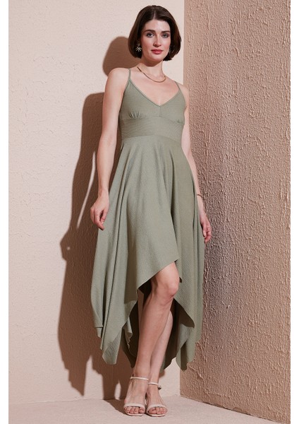 Asimetrik Kesim Regular Fit Midi Boy Askılı V Yaka Elbise Bayan Elbise 5866131