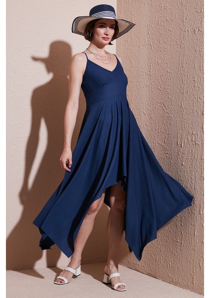 Asimetrik Kesim Regular Fit Midi Boy Askılı V Yaka Elbise Bayan Elbise 5866131