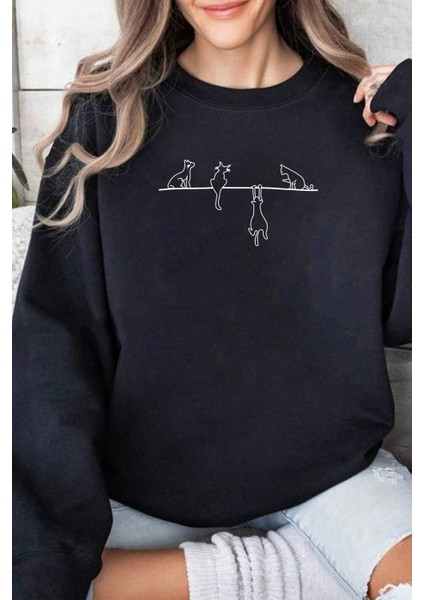 Uygun Tarz Yaramaz Kedi Baskılı Oversize Sweatshirt