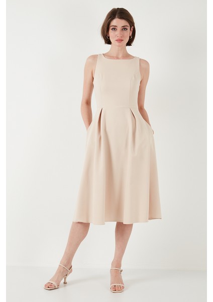 Bisiklet Yaka Regular Fit Cepli Pileli Midi Elbise Bayan Elbise 6051963