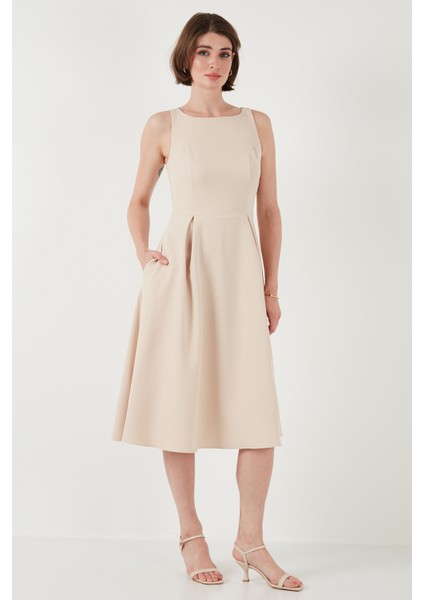 Bisiklet Yaka Regular Fit Cepli Pileli Midi Elbise Bayan Elbise 6051963