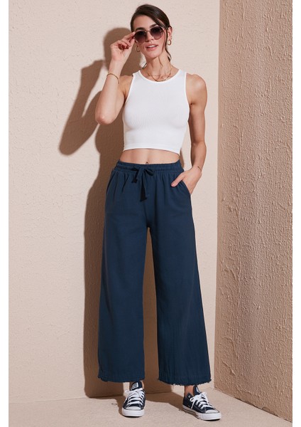 Pamuklu Relaxed Fit Yüksek Bel Geniş Paça Pantolon Bayan Pantolon 668yp5275