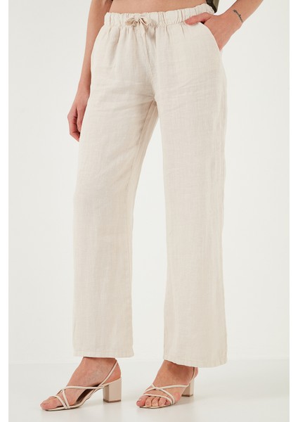 Relaxed Fit Normal Bel Geniş Paça Çift Cepli Keten Pantolon Bayan Pantolon 668yp4991