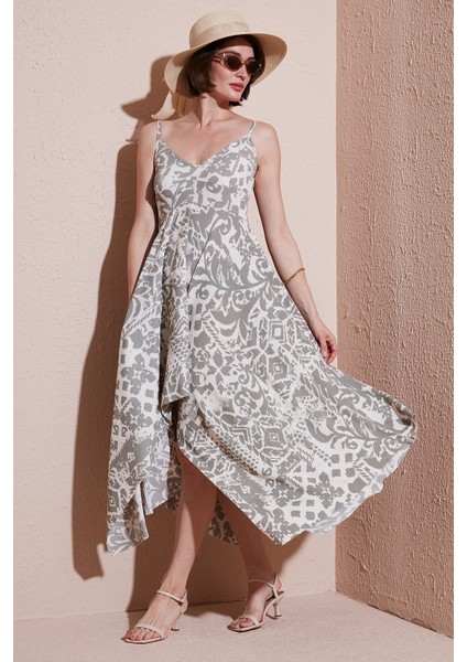 Desenli Asimetrik Kesim Regular Fit Midi Boy Askılı Elbise Bayan Elbise 5866126