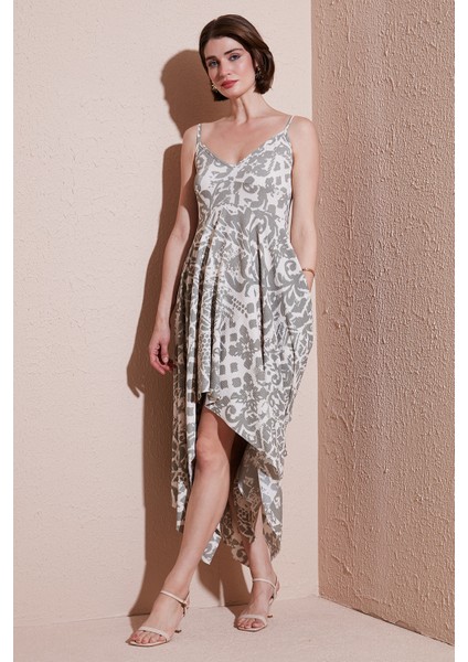 Desenli Asimetrik Kesim Regular Fit Midi Boy Askılı Elbise Bayan Elbise 5866126