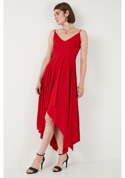 Asimetrik Kesim Regular Fit Midi Boy Askılı V Yaka Elbise Bayan Elbise 5866131