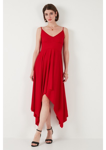 Asimetrik Kesim Regular Fit Midi Boy Askılı V Yaka Elbise Bayan Elbise 5866131