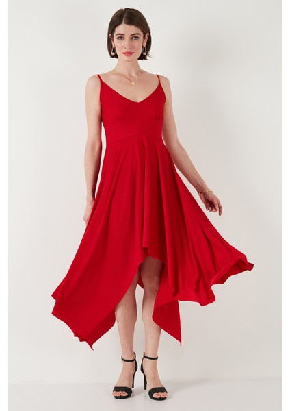Asimetrik Kesim Regular Fit Midi Boy Askılı V Yaka Elbise Bayan Elbise 5866131