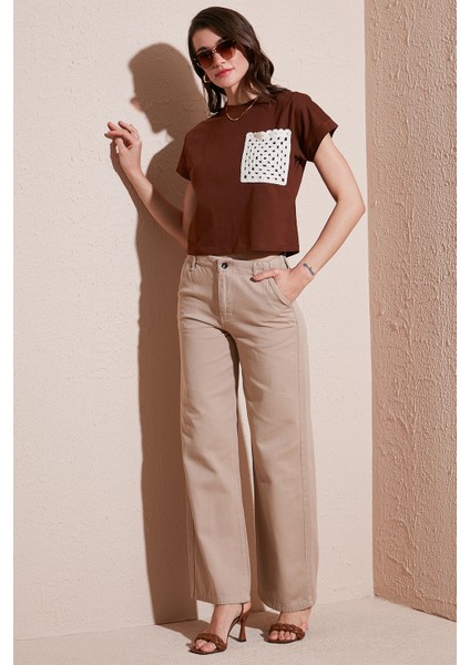 Pamuklu Standart Fit Yüksek Bel Geniş Paça Pantolon Bayan Pantolon 668yp5344