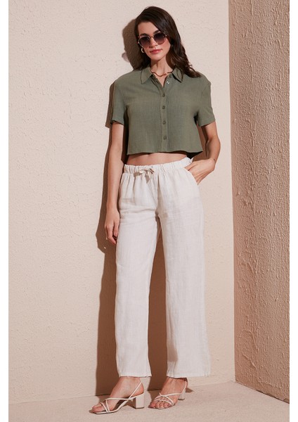 Relaxed Fit Normal Bel Geniş Paça Çift Cepli Keten Pantolon Bayan Pantolon 668yp4991