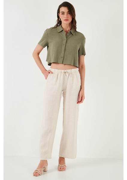 Relaxed Fit Normal Bel Geniş Paça Çift Cepli Keten Pantolon Bayan Pantolon 668yp4991 fırsatları