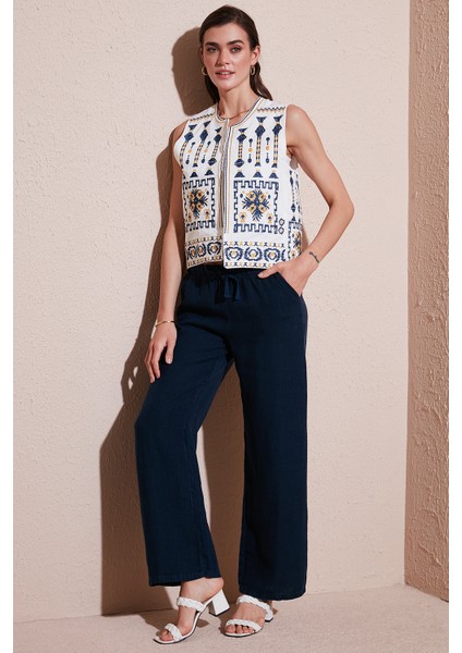 Relaxed Fit Normal Bel Geniş Paça Çift Cepli Keten Pantolon Bayan Pantolon 668yp4991
