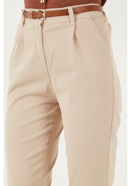 Streç Pamuklu Regular Fit Yüksek Bel Düz Kısa Paça Kemerli Pantolon Bayan Pantolon 668yp5335