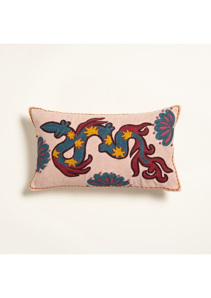 Ghunı Biyeli Nakışlı Pamuk Şönil Pamuk Kırlent 30X55 cm Açık Pembe