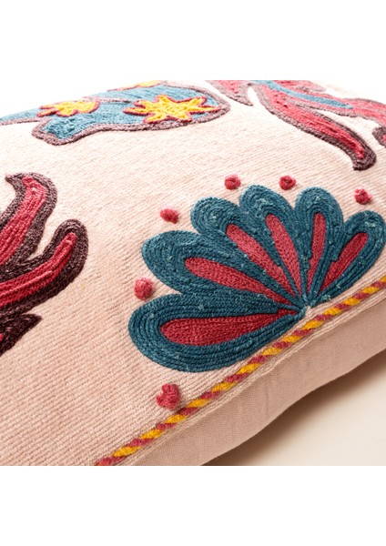 Ghunı Biyeli Nakışlı Pamuk Şönil Pamuk Kırlent 30X55 cm Açık Pembe