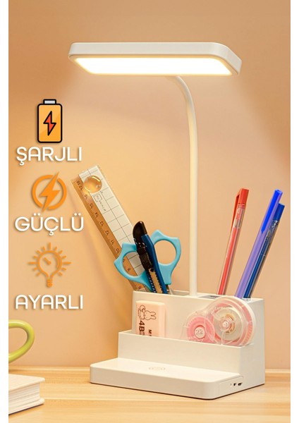 Şarjlı Masa Lambası Renk Ayarlı Dokunmatik Standlı Dimmerli Kalemlikli Çalışma Okuma Işığı 7225