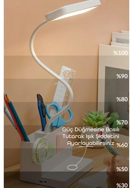 Şarjlı Masa Lambası Renk Ayarlı Dokunmatik Standlı Dimmerli Kalemlikli Çalışma Okuma Işığı 7225