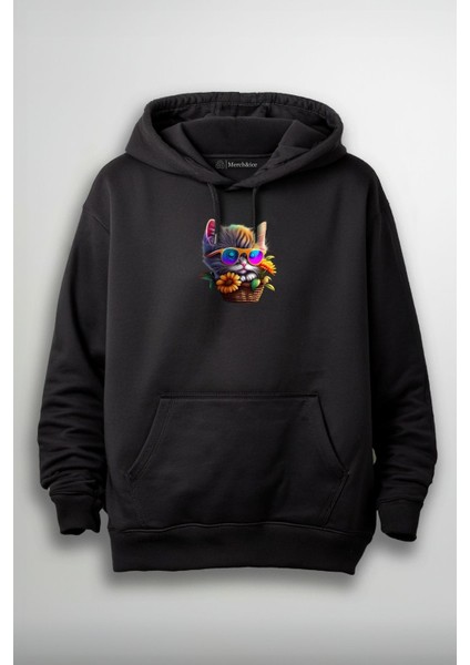 Renkli Sepette Süslü Kedi Baskılı Unisex Sweatshirt
