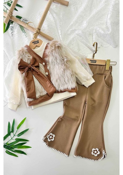 Kürklü Deri Biye Detaylı Kız Çocuk 3 lü takım - Kahverengi