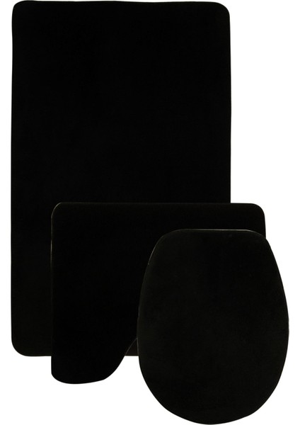 Damask 3’lü Düz Siyah Ultrasoft Banyo Halısı Paspası Seti Kaymaz Tabanlı Klozet Takımı