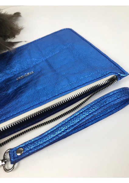 Deri Clutch Çanta Parlak Mavi Renk