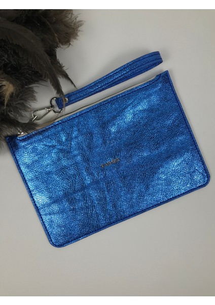 Deri Clutch Çanta Parlak Mavi Renk
