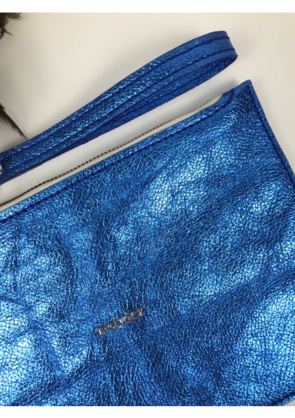 Deri Clutch Çanta Parlak Mavi Renk