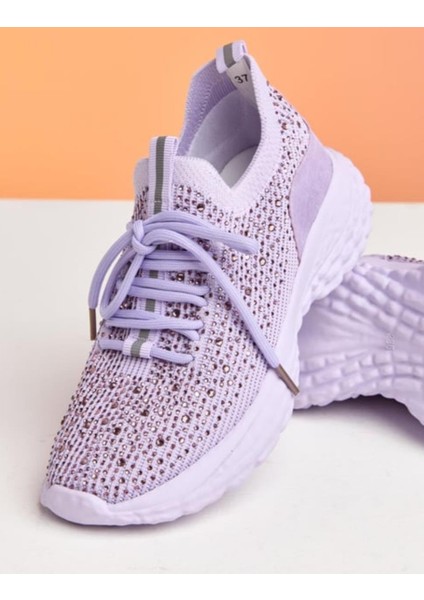 24Y320 Kadın Esnek Tabanlı Taşlı Triko Sneaker Spor Ayakkabı