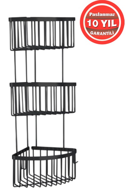 Derin Şampuanlık Paslanmaz Pirinç Mat Siyah 3'lü 20X20 cm Şampuanlık Banyo Rafı