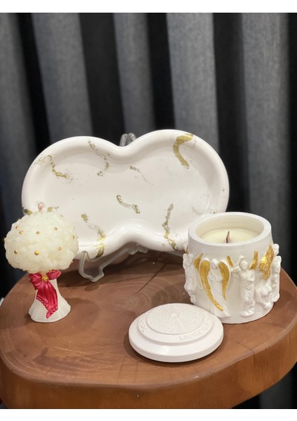 3'lü Bi Demet Papatya & 1 Kase Soya Wax & Dekoratif Tabak Mum Seti