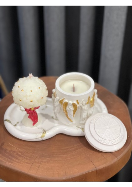 3'lü Bi Demet Papatya & 1 Kase Soya Wax & Dekoratif Tabak Mum Seti