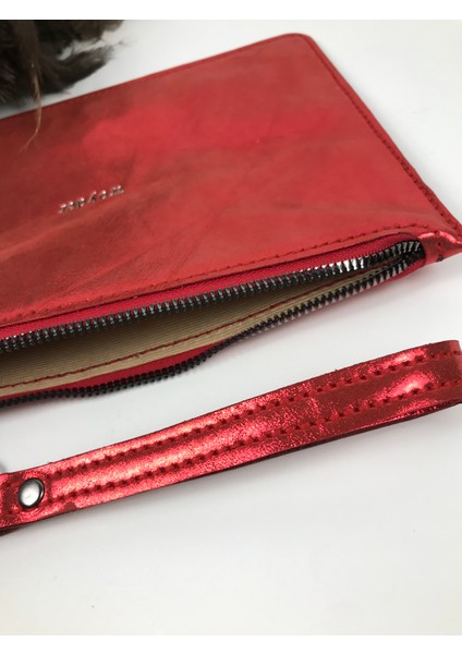 Deri Clutch Çanta Parlak Kırmızı Renk