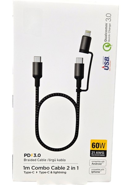 Type-C ve Type-C & Lightning 60W Data ve Şarj Kablosu