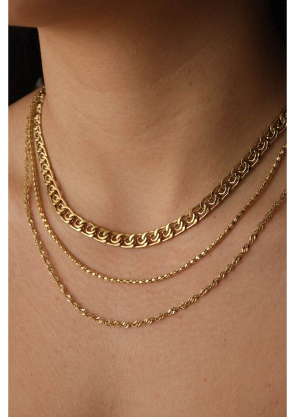 By Florya Jewelry Çelik 3'lü Kombin Singapur, Salyangoz ve Pullu Halat Zincir Kolye Minimal Kararmaz 45 cm