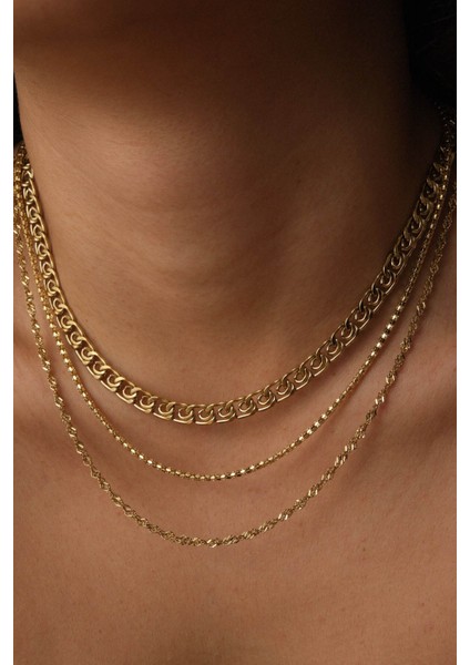 By Florya Jewelry Çelik 3'lü Kombin Singapur, Salyangoz ve Pullu Halat Zincir Kolye Minimal Kararmaz 45 cm indirimleri