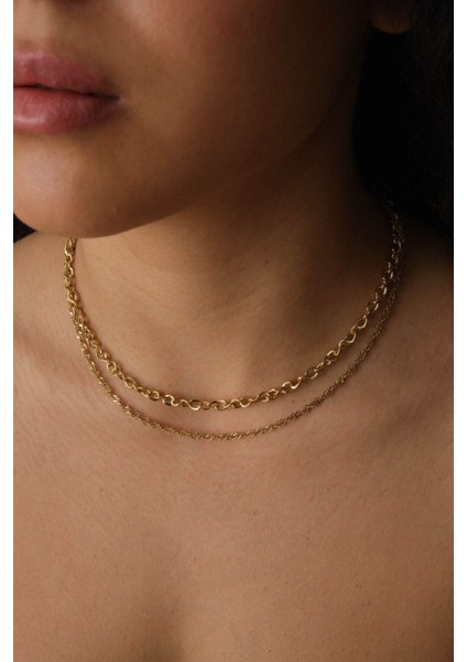 By Florya Jewelry Çelik 2'li Kombin Singapur ve Dokulu Sarmal Zincir Kolye Minimal Kararmaz 45 cm