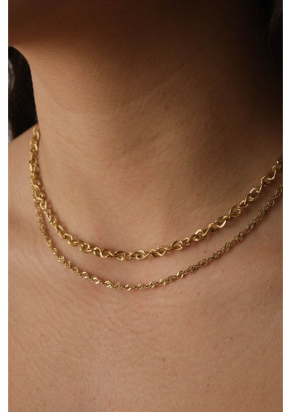 By Florya Jewelry Çelik 2'li Kombin Singapur ve Dokulu Sarmal Zincir Kolye Minimal Kararmaz 45 cm indirimleri