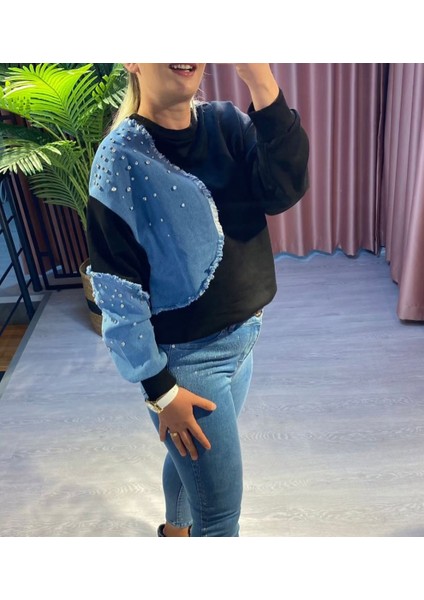 Kadın Taş ve Kot Detaylı Siyah Sweatshirt