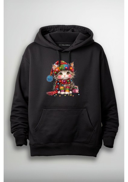 Işıklı Noel Şapkalı Tatlı Yılbaşı Kedisi Baskılı Unisex Hoodie