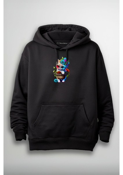 Renkli Gözlüklü Sepette Süslü Kedi Baskılı Unisex Sweatshirt