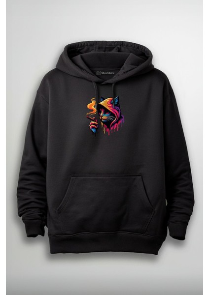 Sigara Içen Kapşonlu Kedi Baskılı Unisex Sweatshirt