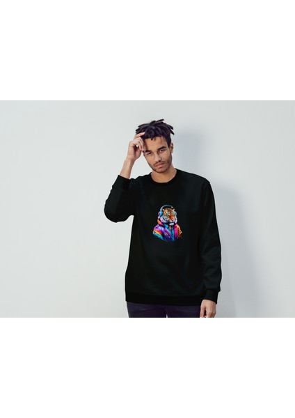 Unisex Uzun Kollu Sweatshirt Kulaklık Aslan Baskılı