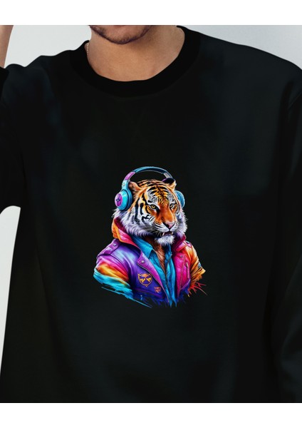 Unisex Uzun Kollu Sweatshirt Kulaklık Aslan Baskılı