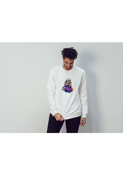 Unisex Uzun Kollu Sweatshirt Kulaklık Aslan Baskılı