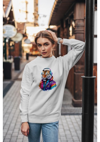 Unisex Uzun Kollu Sweatshirt Kulaklık Aslan Baskılı