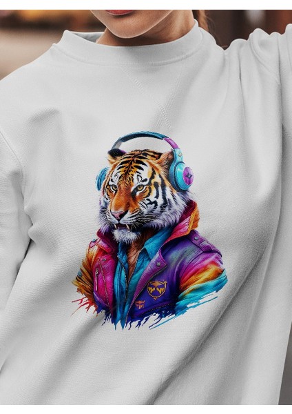 Unisex Uzun Kollu Sweatshirt Kulaklık Aslan Baskılı