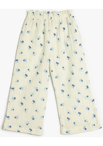 Çiçekli Pantolon Geniş Paça Beli Lastikli Pamuklu