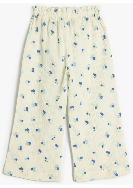 Çiçekli Pantolon Geniş Paça Beli Lastikli Pamuklu