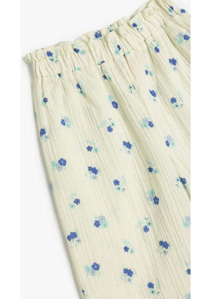 Çiçekli Pantolon Geniş Paça Beli Lastikli Pamuklu