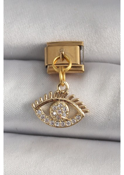 316L Çelik Gold Renk Sallantı Zirkon Taşlı Göz Model Nomination Charm